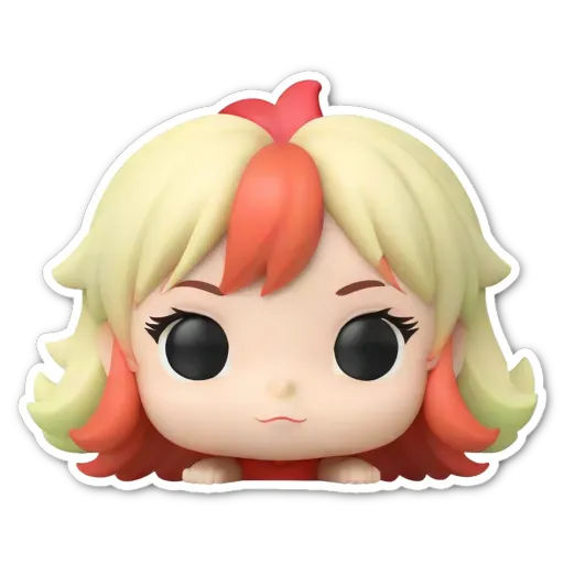 A sticker of a pop figure with a red head and blue eyes.