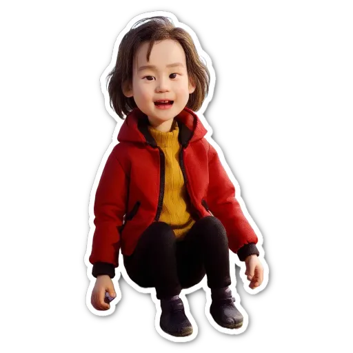 A sticker of a girl in a red jacket.