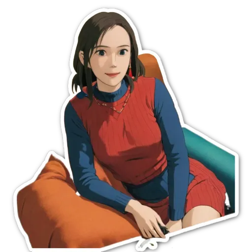 A woman in a cartoonish style dress is sitting on a colorful chair.