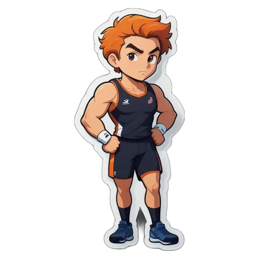 An orange and black character with a sticker for a muscle man.