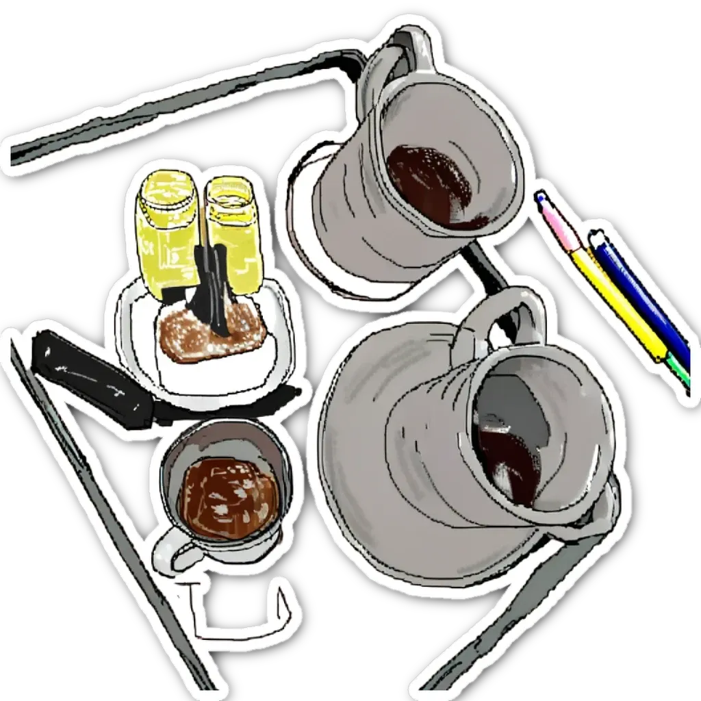 A drawing of coffee and food items with a black frame.