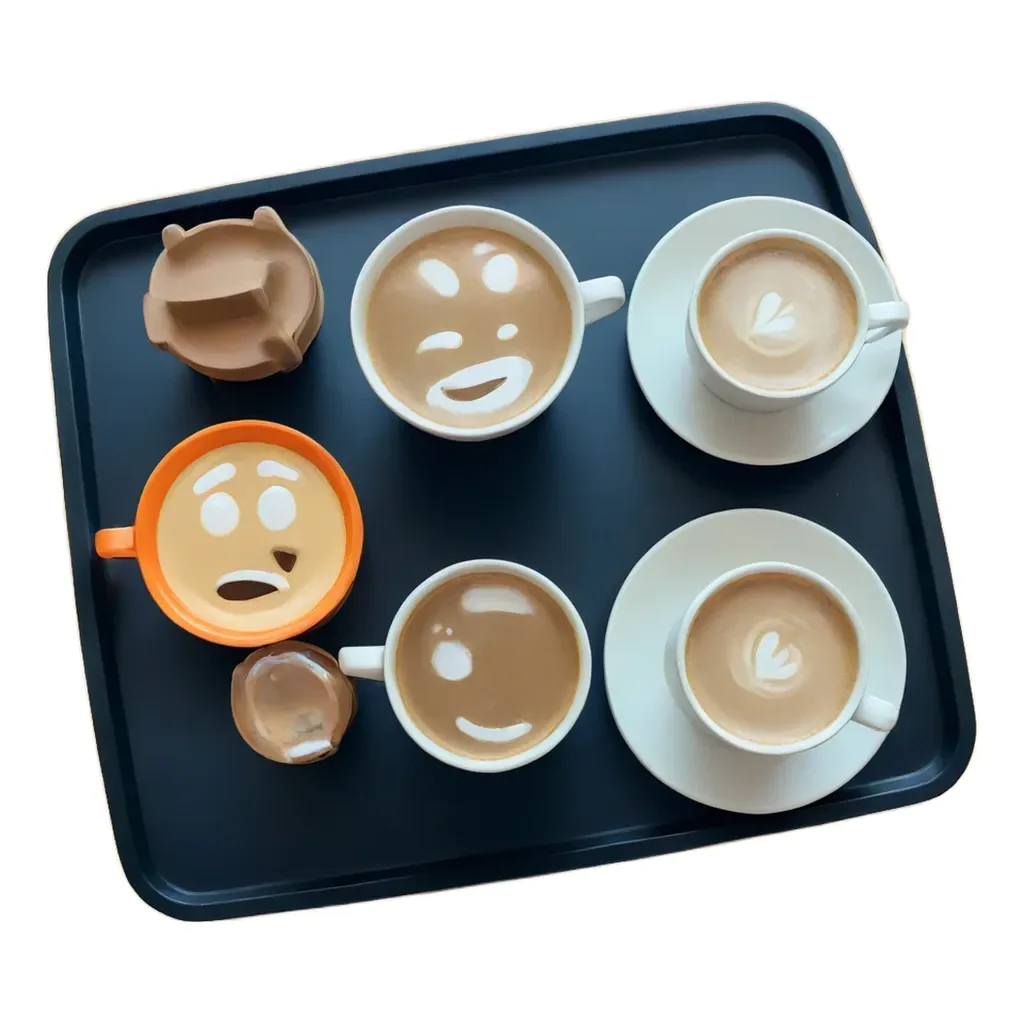 Cups with faces drawn on them are arranged on a tray.