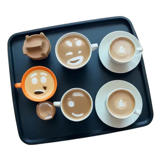 Cups with faces drawn on them are arranged on a tray.