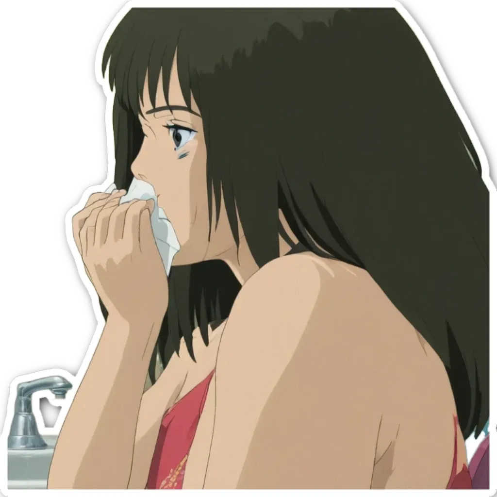 A woman is blowing her nose.