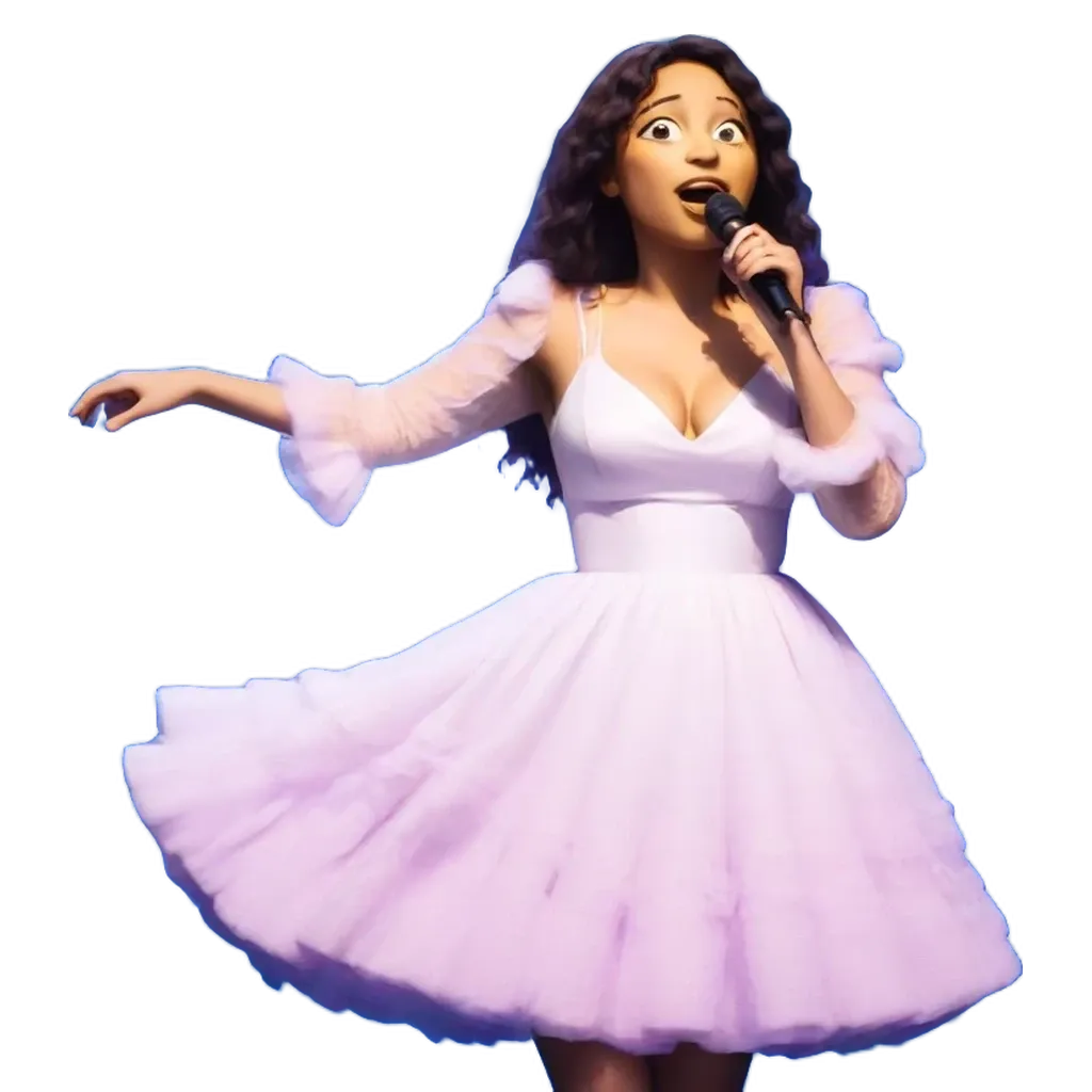 A women wearing a white dress singing into a microphone.