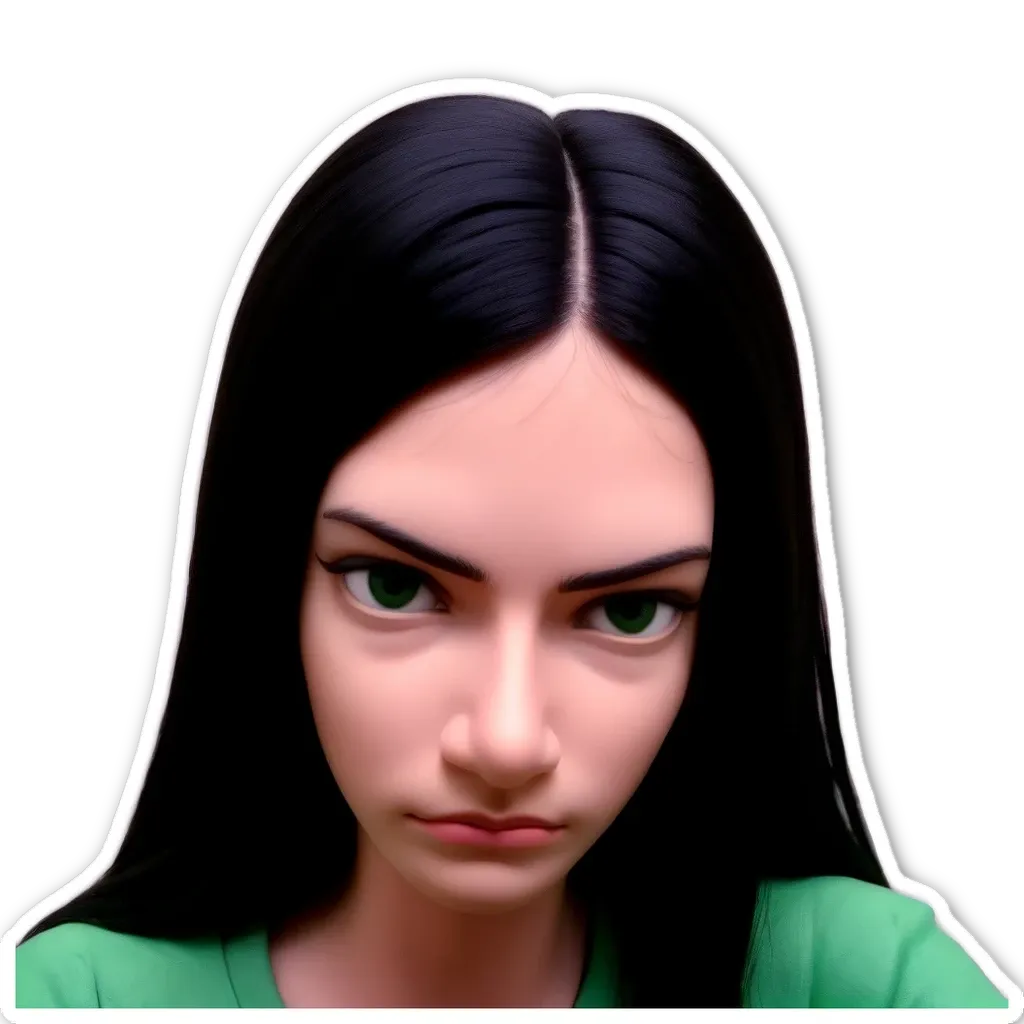 A sticker of a girl with green eyes and a green shirt.