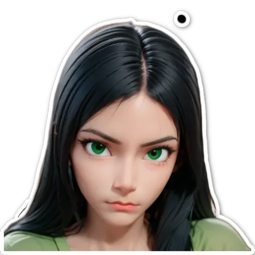 A sticker of a girl with green eyes and black hair.