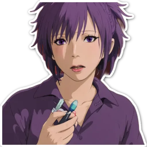 A sticker of a woman with purple hair holding a pen.