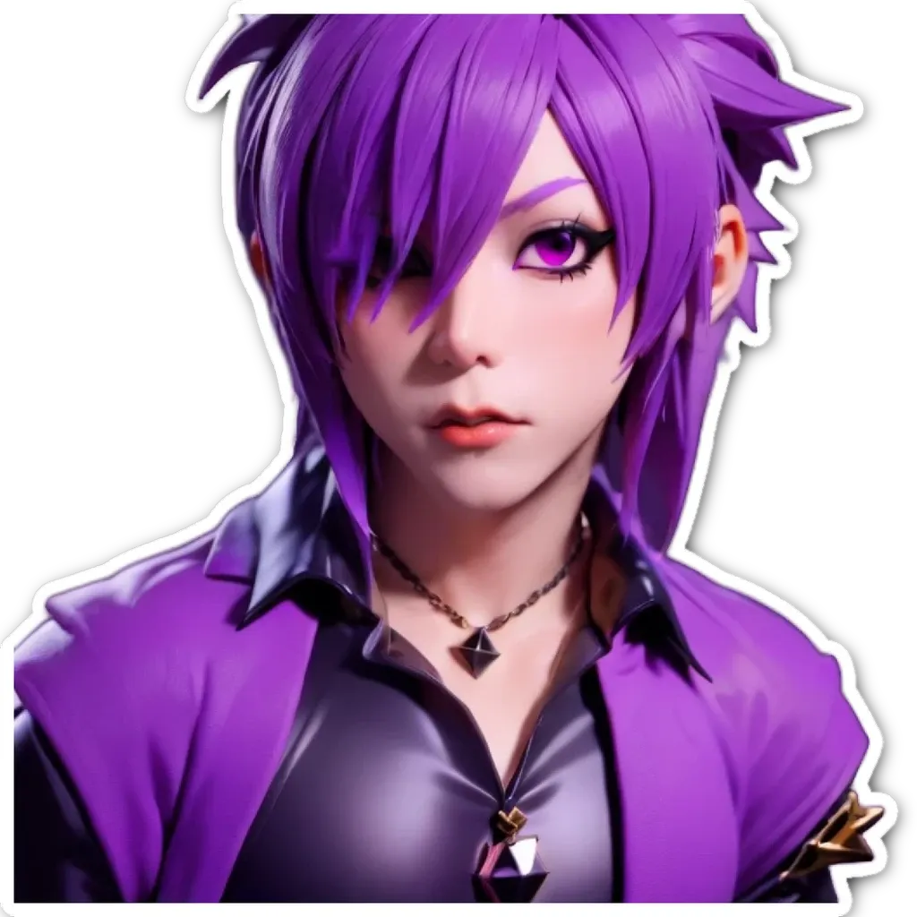 A purple character from a video game looks at the camera.