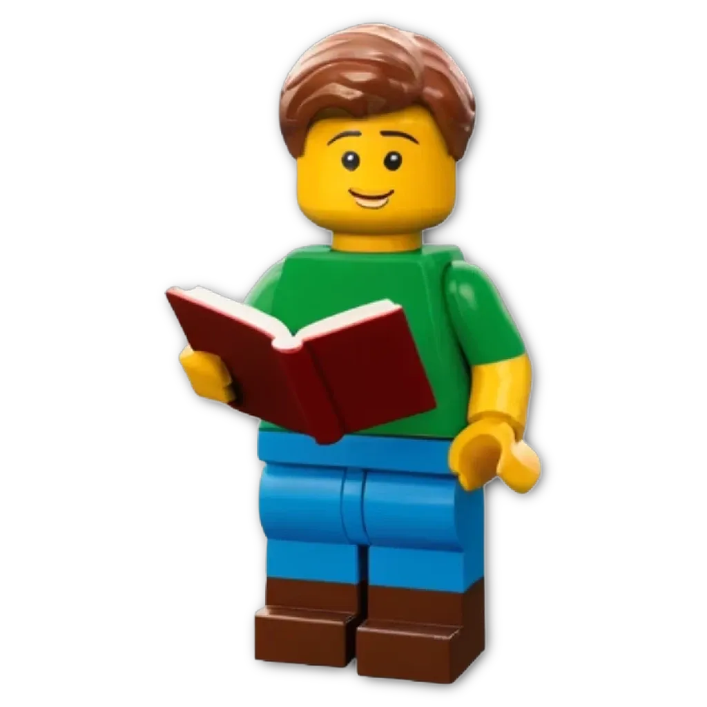 A red and blue lego boy reading a book.