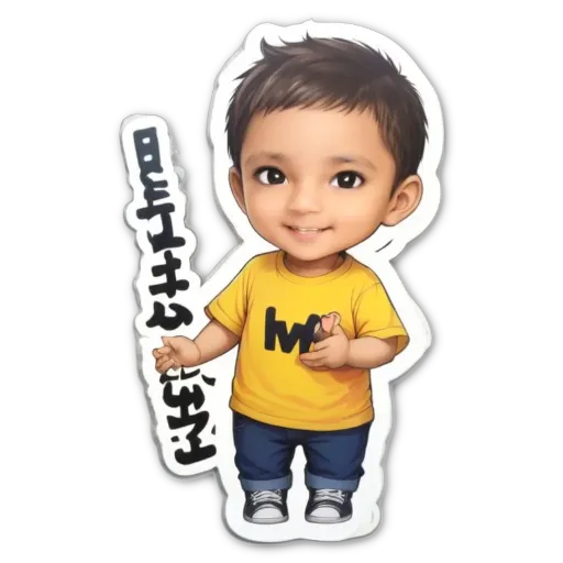 A boy wearing a yellow shirt that says Mimi is standing on a black background.