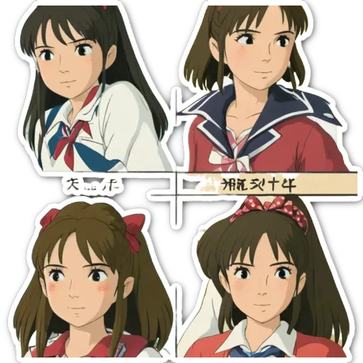 A sticker of four girls with different hair styles and colors.