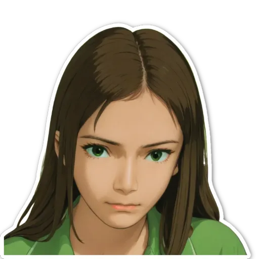 A girl with green eyes and a green shirt sticker.