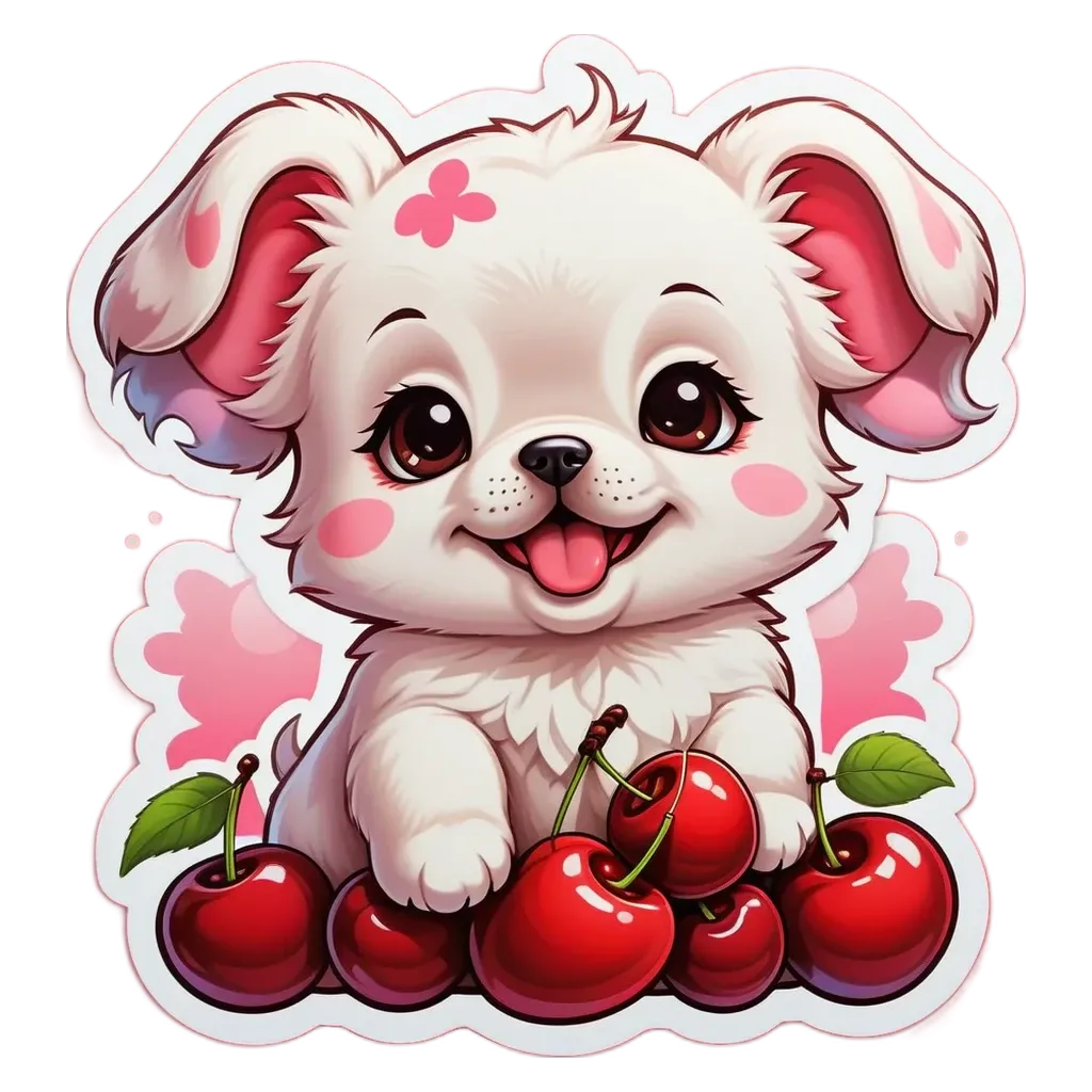 A dog sitting on a pile of cherries.