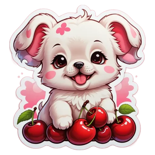 A dog sitting on a pile of cherries.