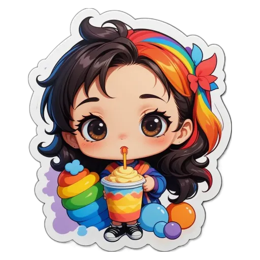 A girl drinking out of a cup in a colorful world.