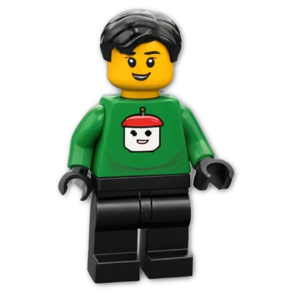 A green lego figure with a red dot on the sweater.