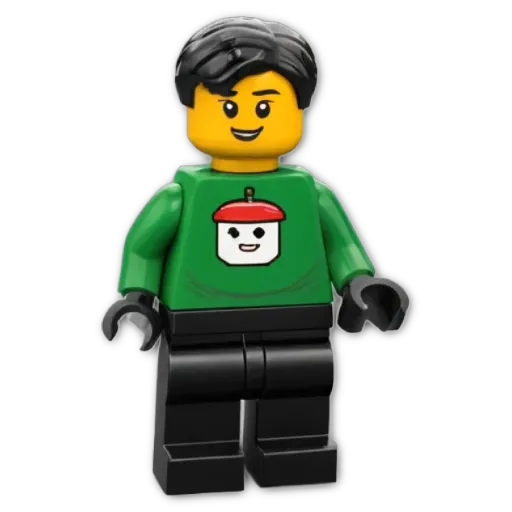 A green lego figure with a red dot on the sweater.