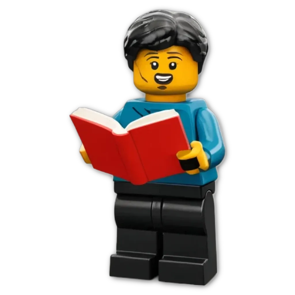 A red and black lego boy reading a book.