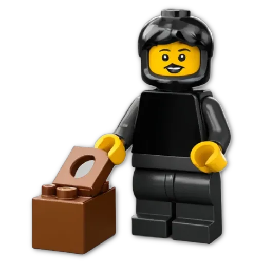 A black lego person holding a brown lego box.