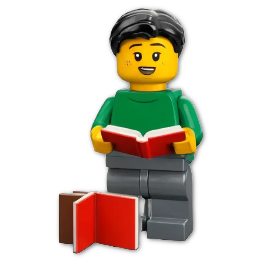 A lego boy reading a lego book.