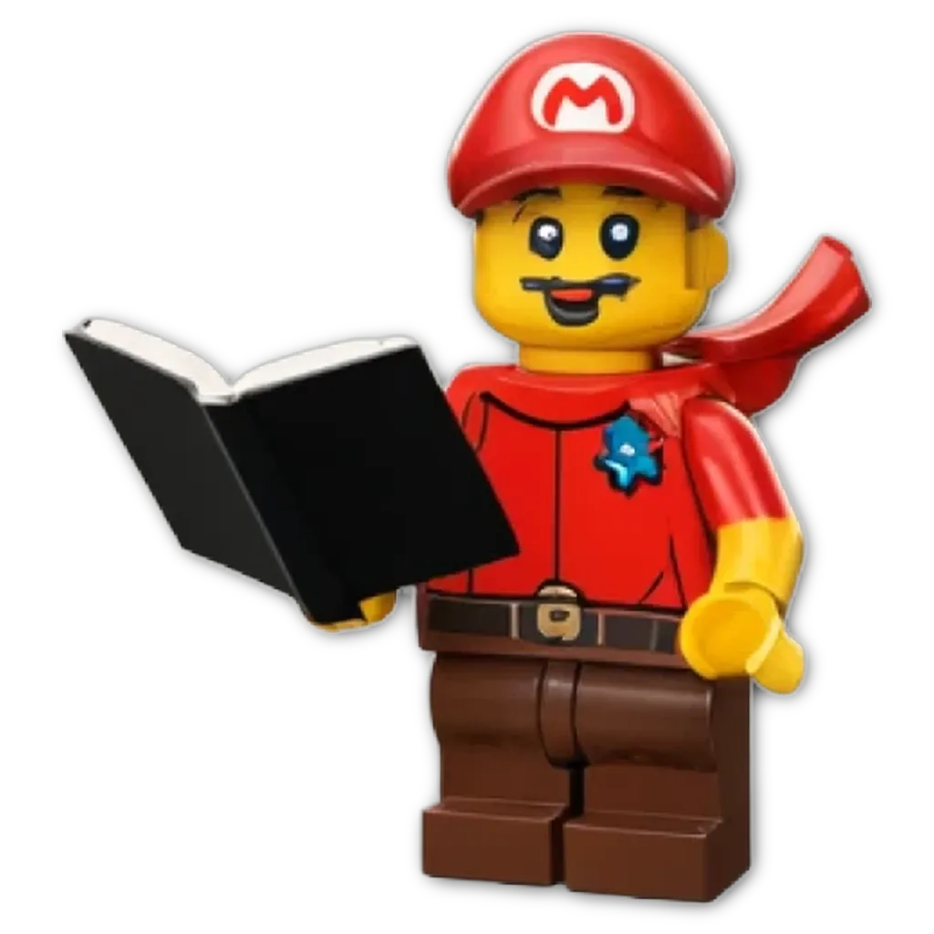 A lego boy reading a book with a red mario shirt and a black book.