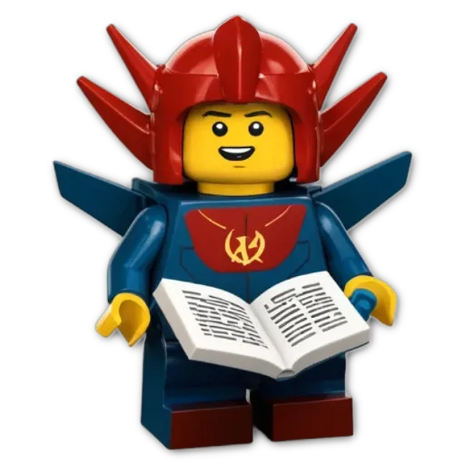 A lego person reading a book with a red helmet.