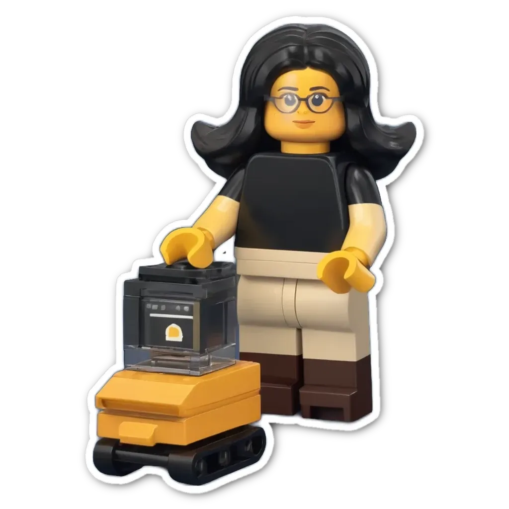 A black and yellow lego person holding a lego oven.