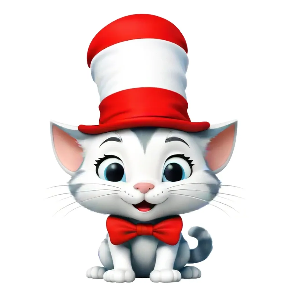 A cat in a hat with a red and white bowtie.