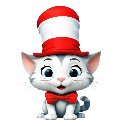 A cat in a hat with a red and white bowtie.