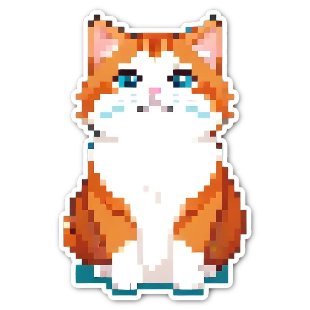 An orange and white pixelated cat sitting on a black background.