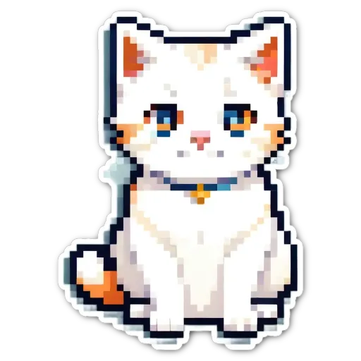 A kitten in a pixel art sticker in white color.