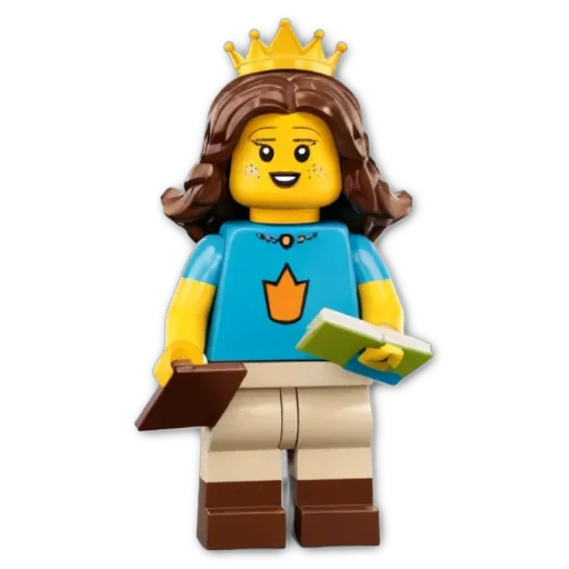 A plastic girl holding a book with a crown on her head.