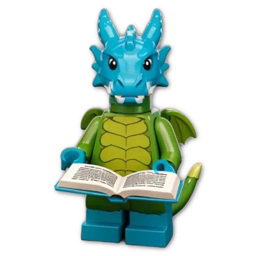 A lego dragon reading a book.