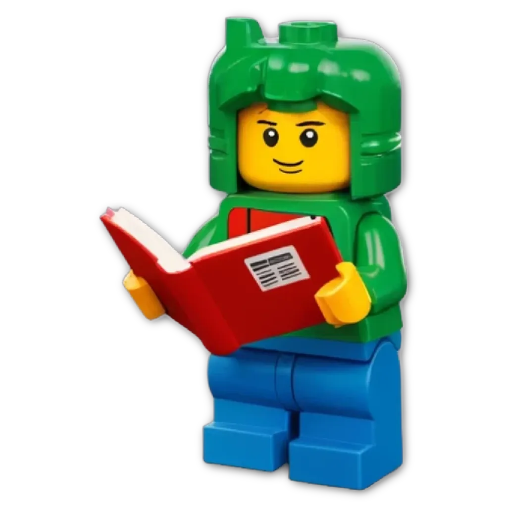 A plastic lego boy reading a book.