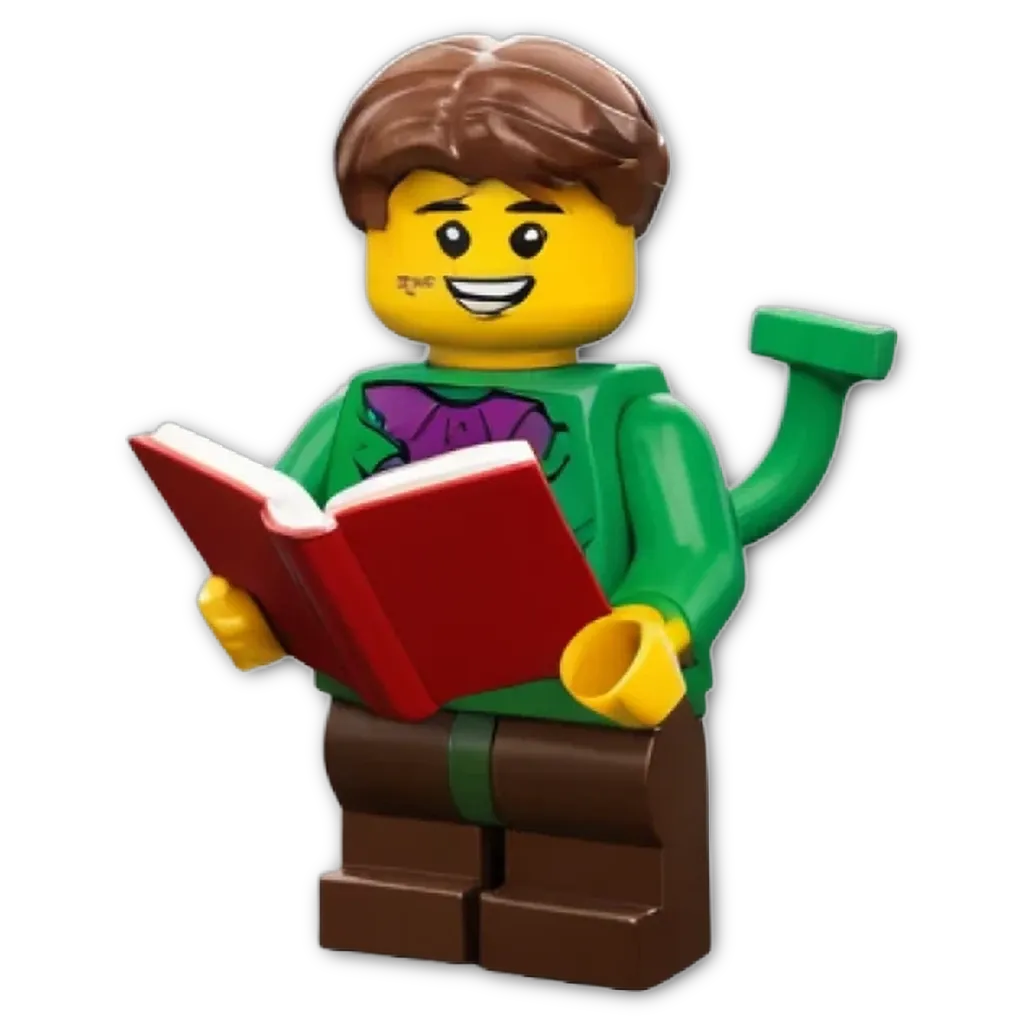 A plastic lego boy reading a book with a smile on his face.