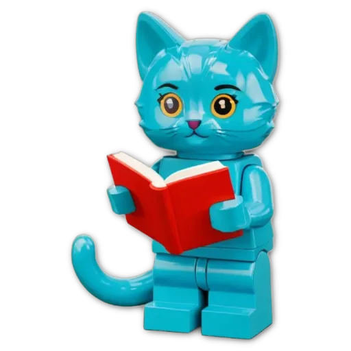 A lego cat reading a book.