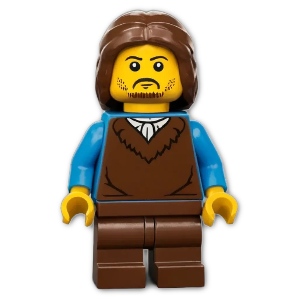 A lego character that is brown and blue.