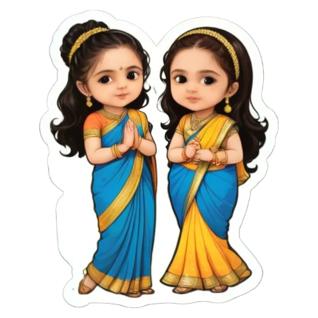 Two cartoon girls wearing blue and yellow sarees are standing opposite each other.