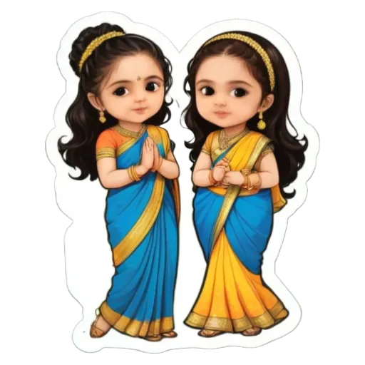 Two cartoon girls wearing blue and yellow sarees are standing opposite each other.