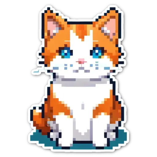 An orange and white pixelated cat sitting on a black background.