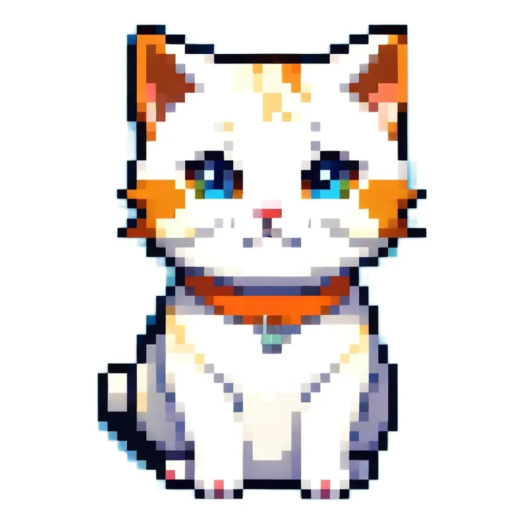 A cat sticker in pixel art that is white with orange collar.