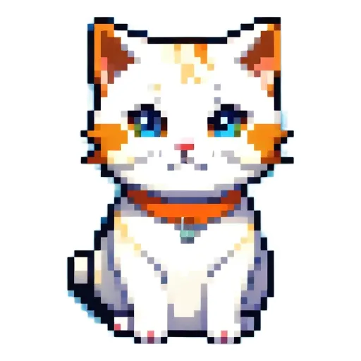 A cat sticker in pixel art that is white with orange collar.