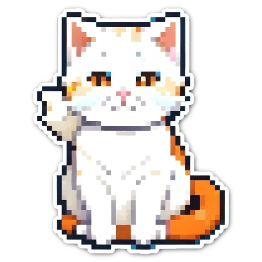 A cat sticker in pixel art that is white with orange stripes.