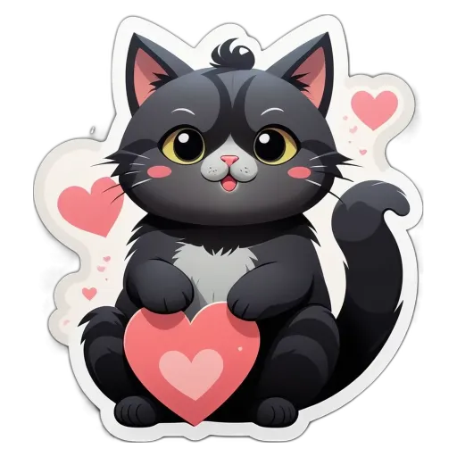 A black cat holding a heart stickers is on a black and white background.