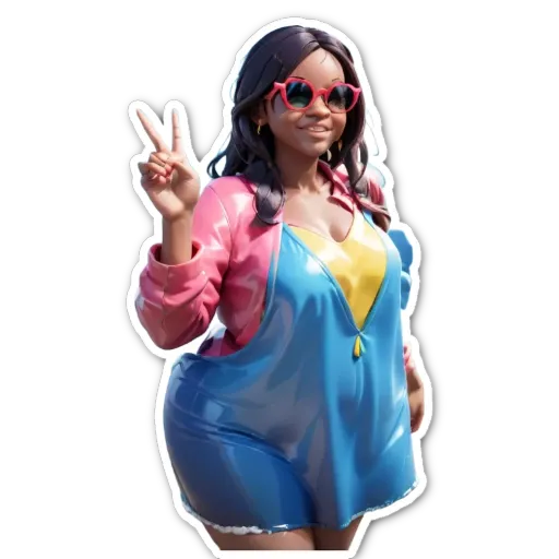 A woman wearing a blue dress and red and yellow sunglasses is holding up the peace sign.