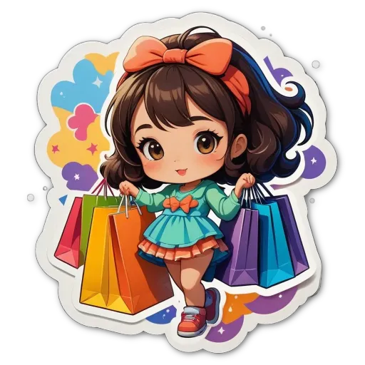A girl with shopping bags is shown in a colorful image.