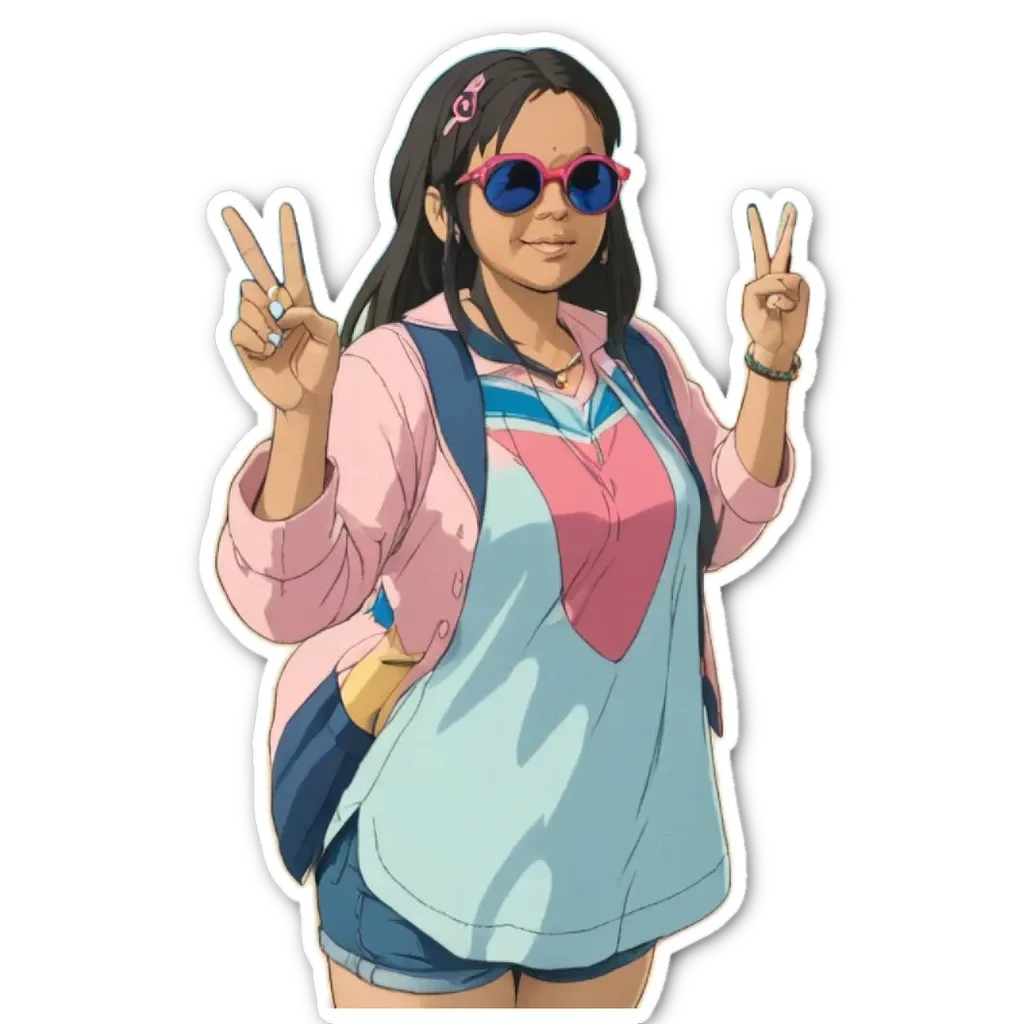 A woman wearing a pink and blue jacket, sunglasses and making a peace sign.