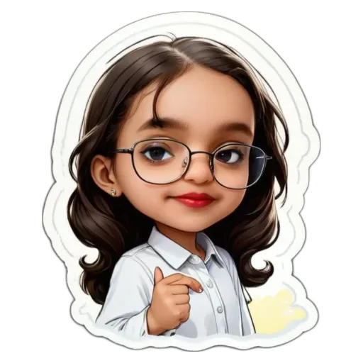 A sticker of a girl wearing glasses that is pointing to the right.