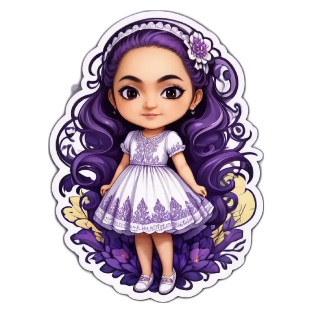 A purple and white cartoon character girl standing in a field of flowers.